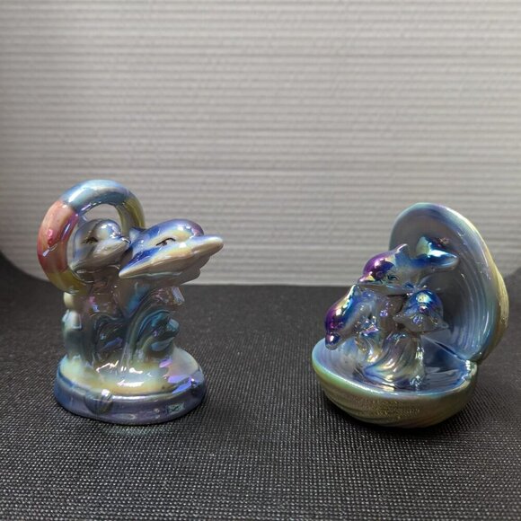 Set of 2 Vintage 90s Baby Dolphin Figurines Iridescent Blue Purple Yellow Decor - Picture 9 of 9